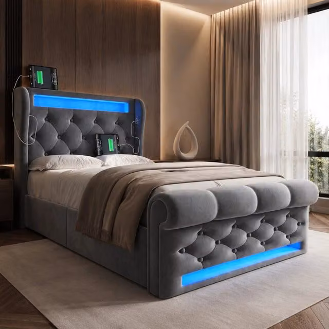 Letto imbottito 90x200 cm con contenitore idraulico; LED; USB e Type-C; velluto grigio