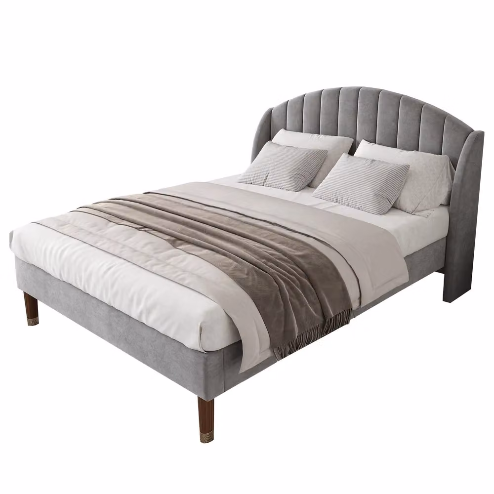 Letto imbottito Minimal con rete a doghe e testiera in velluto grigio L: 140 cm x P: 200 cm – 2