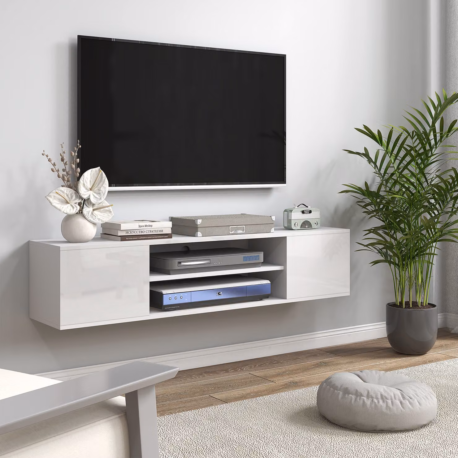 Mobile TV sospeso HOMCOM in stile moderno bianco con 2 armadietti, 2 nicchie e passacavi, L 140 x P 30 x H 30 cm – 2