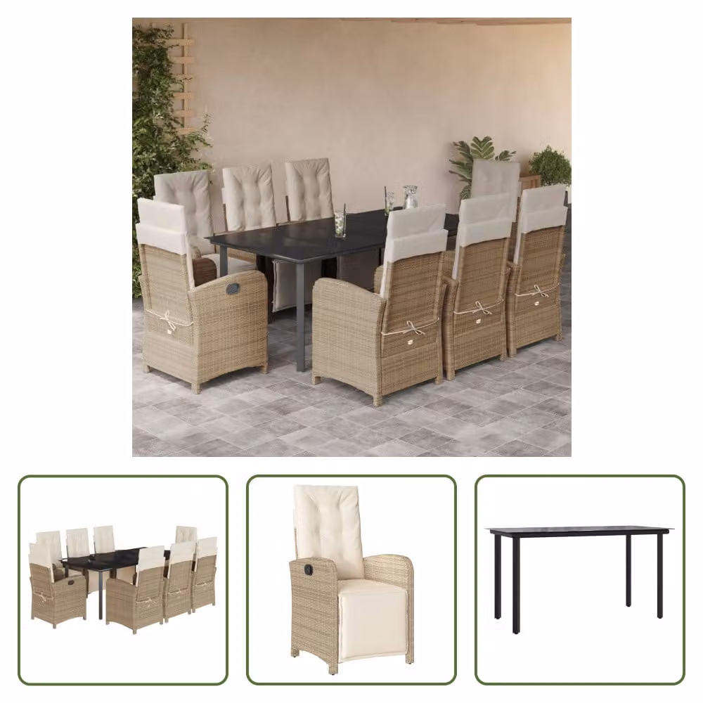 The Living Store Set da pranzo da giardino 9 pezzi con cuscini Beige poly rattan