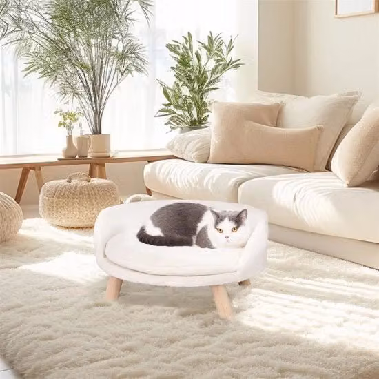 Cuscino rotondo in plush Jemaison per cani e gatti, impermeabile e lavabile in lavatrice, colore bianco, L: 61,5 x P: 32,8 cm