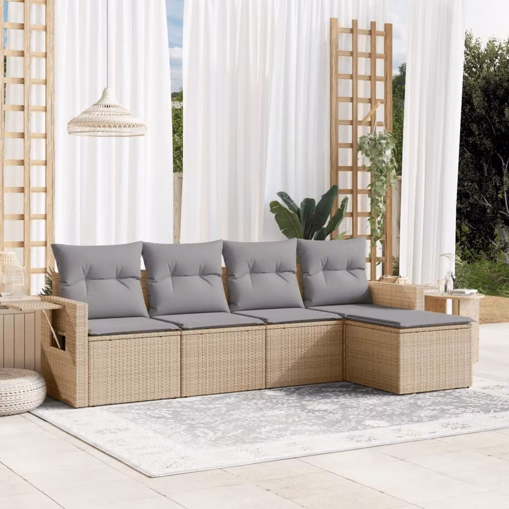 Set Divano da Giardino L-Shape vidaXL 5 pz con Cuscini Beige e Struttura in Metallo e Polyrattan – 1
