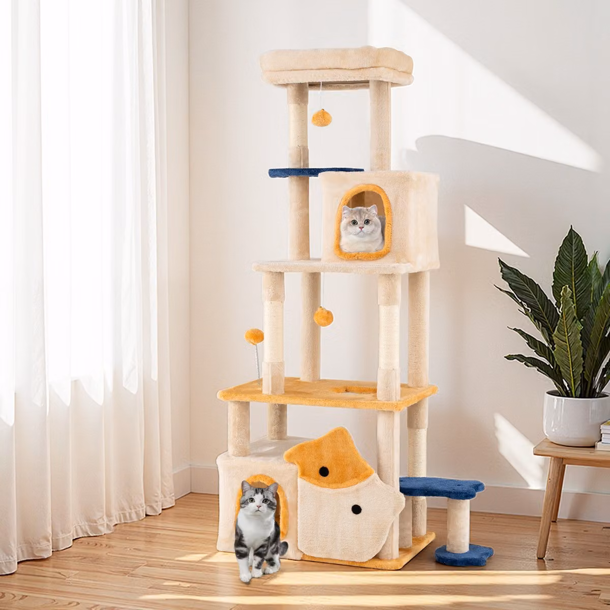 Albero per gatti da interno Costway beige con cave, posatoio morbido e palo scratcher in sisal