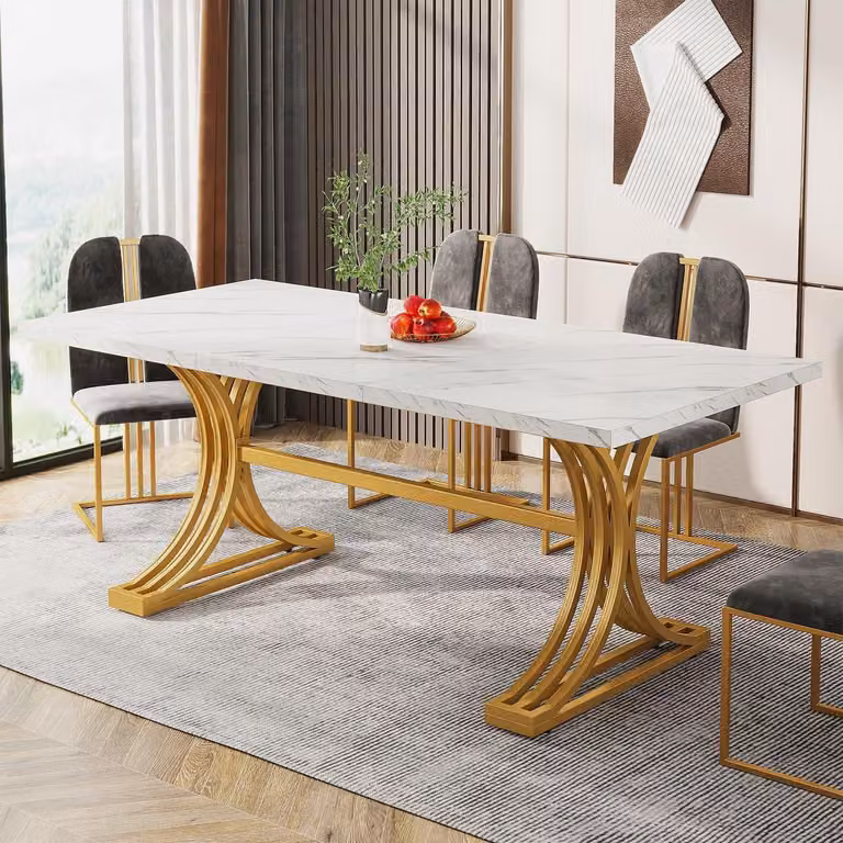 Tavolo da pranzo 160 x 80 cm, adatto per 4-6 persone, piano in resina sintetica, struttura in metallo, colore bianco/oro