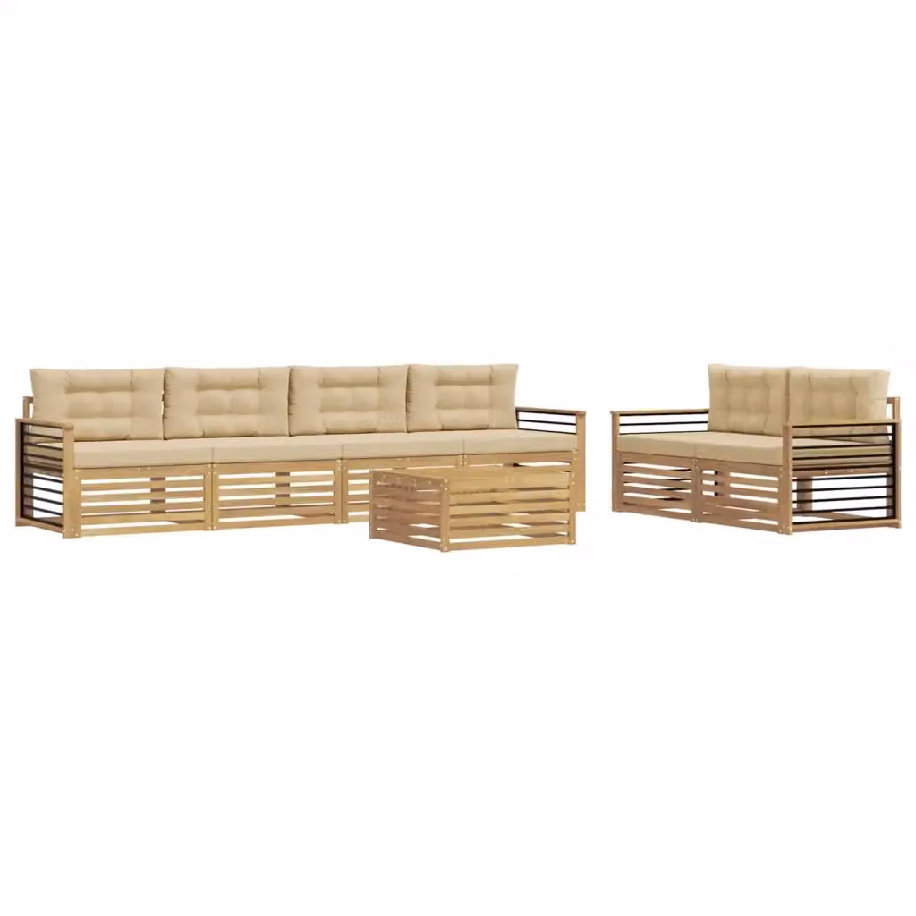 Set di divani da esterno a L vidaXL in legno di acacia con tavolo da caffè, 7 pezzi, Bianco e Beige – 2