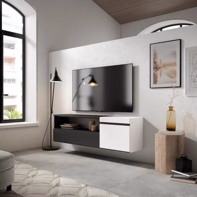 Mobile TV da soggiorno SKRAUT HOME moderno da appendere, Bianco e nero, L 102 cm, P 35 cm, H 45 cm – 1