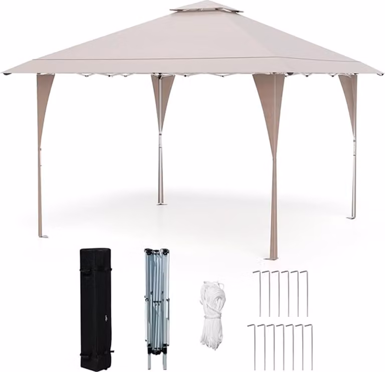 Gazebo da giardino pop-up da 395 x 395 cm, gazebo pieghevole con telo parasole, robusti pali in metallo e tettoia ventilata, che offre ombra