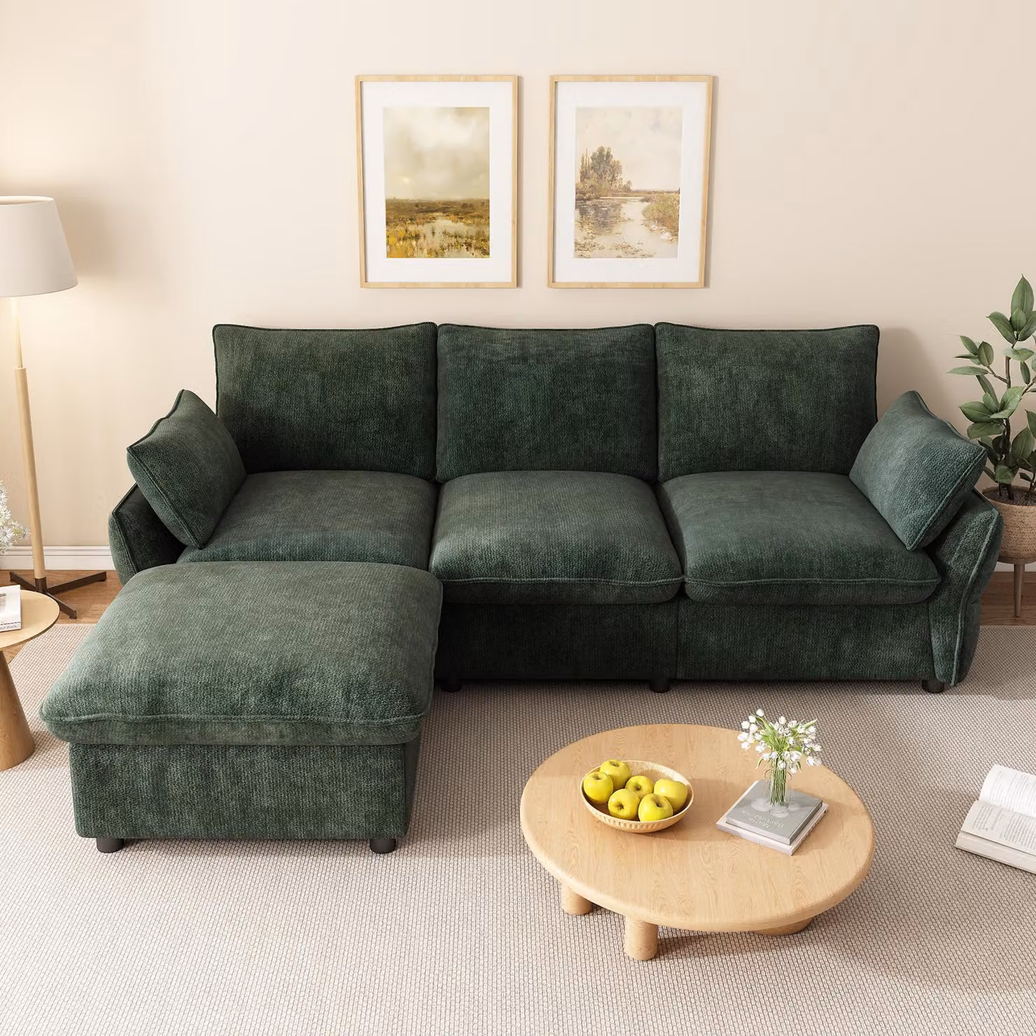 Divano angolare moderno con poggiapiedi, divano a 3 posti, divano a forma di L con poggiapiedi, divano in chenille, divano per il soggiorno, divano con cuscini, color verde scuro