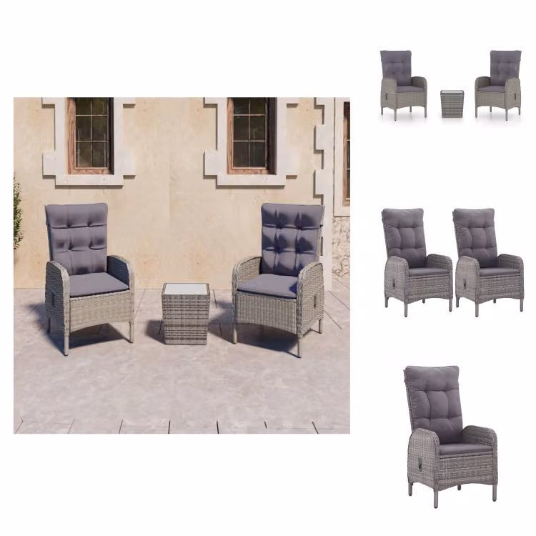 vidaXL Set bistrot 3 pezzi in rattan e vetro grigio - Set di mobili da giardino