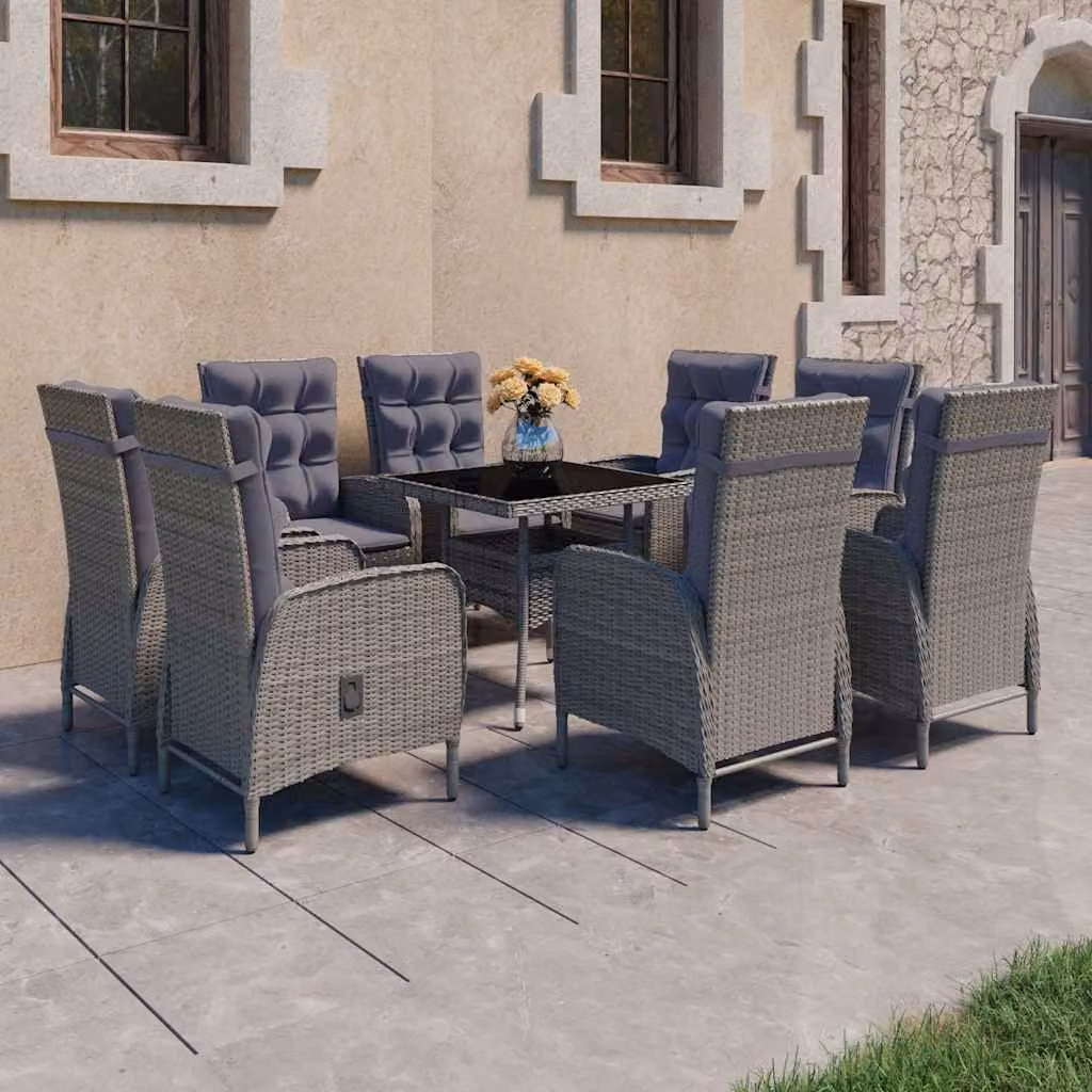 vidaXL Set da Pranzo per Giardino 9 pz in Polyrattan e Vetro Grigio – 1