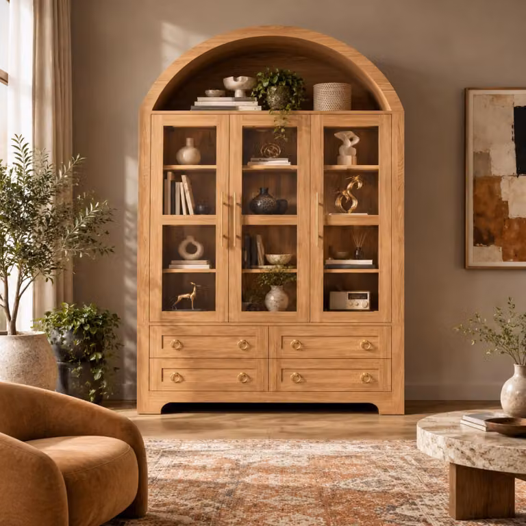 okwish: Mobile contenitore moderno con 4 cassetti, vano aperto ad arco, mobiletto per soggiorno con 3 ante in vetro, maniglie in alluminio, finitura naturale