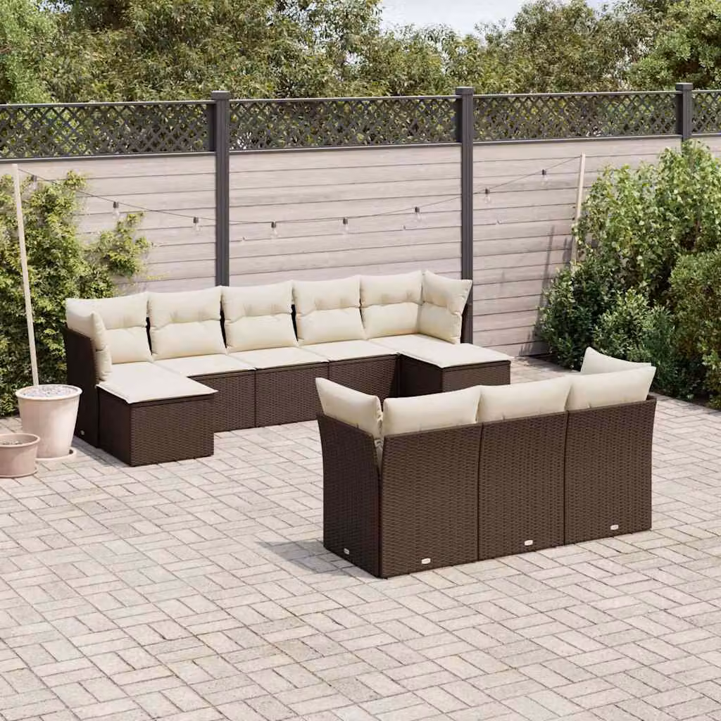 Set di Divani da Giardino vidaXL a Forma di U con Cuscini Marroni e Bianchi in Polyrattan e Acciaio – 1