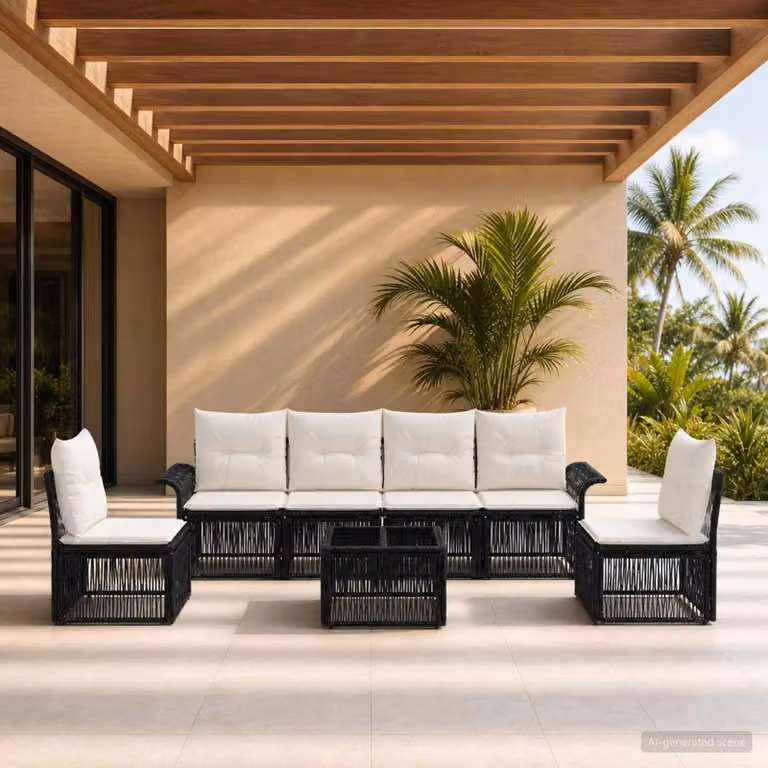 Set Divano da Giardino vidaXL 7 Pezzi in Polyrattan Nero con Cuscini e Tavolino