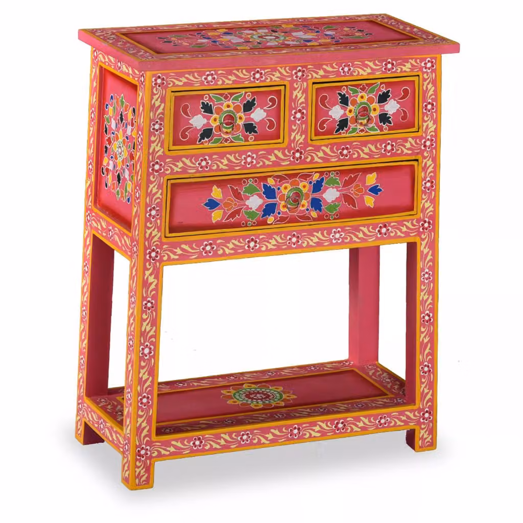 Credenza con cassetti in legno massiccio rosa mango dipinto a mano