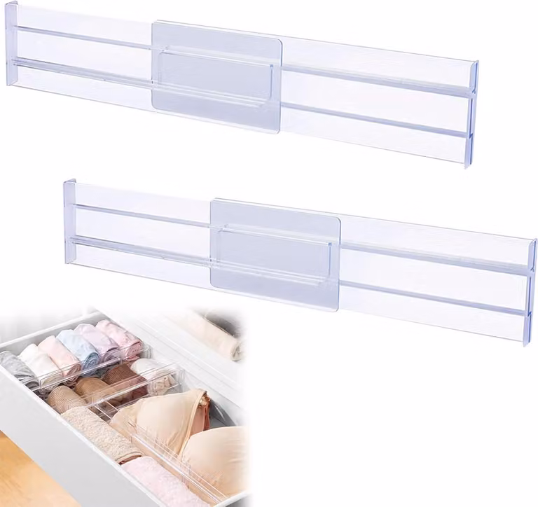 Divisori regolabili per cassetti, confezione da 2, da 27,5 a 52 cm, in plastica, larghezza 8 cm, adatti per cucina e ufficio