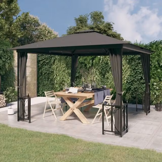 Gazebo con Teli Laterali e Doppio Tetto 3x3 m Antracite 318541