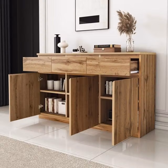 Credenza moderna con 3 ante, 3 cassetti e ripiani regolabili in MDF effetto legno marrone L: 135 cm, P: 40 cm, H: 81 cm