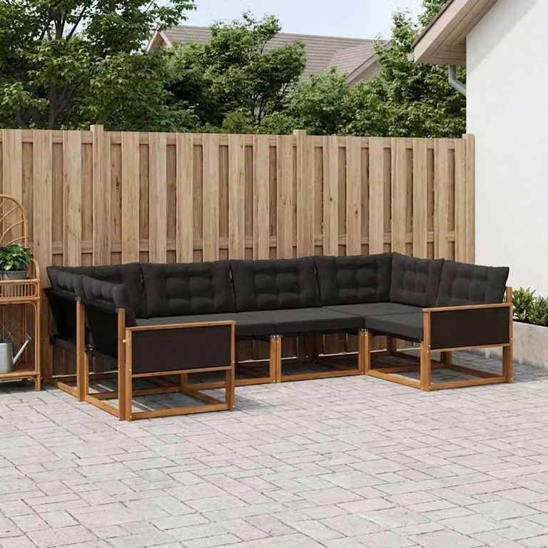 vidaXL Set di divani da esterno a L composto da 6 pezzi in legno di acacia e textilene, colore marrone e nero