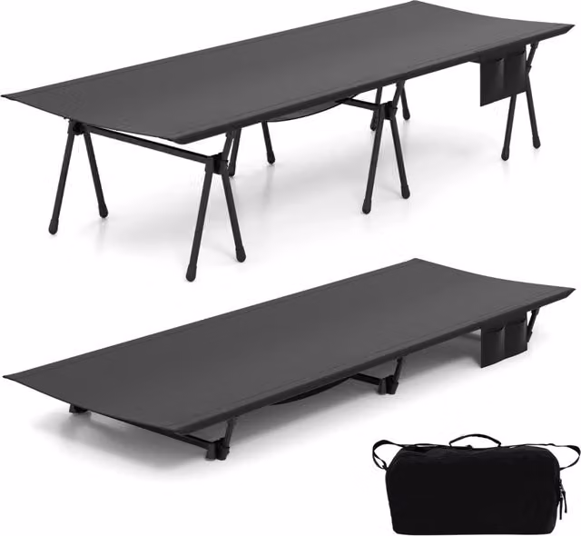 Brandina da campeggio pieghevole 2-in-1 regolabile in altezza con estensori per gambe e tasche laterali, colore Nero