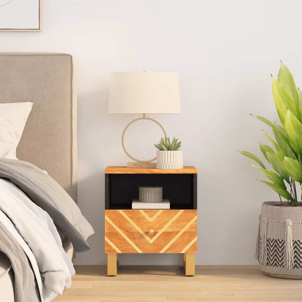 Comodino moderno vidaXL in legno di mango e metallo, marrone e nero, L: 46 cm, P: 33 cm, H: 40 cm