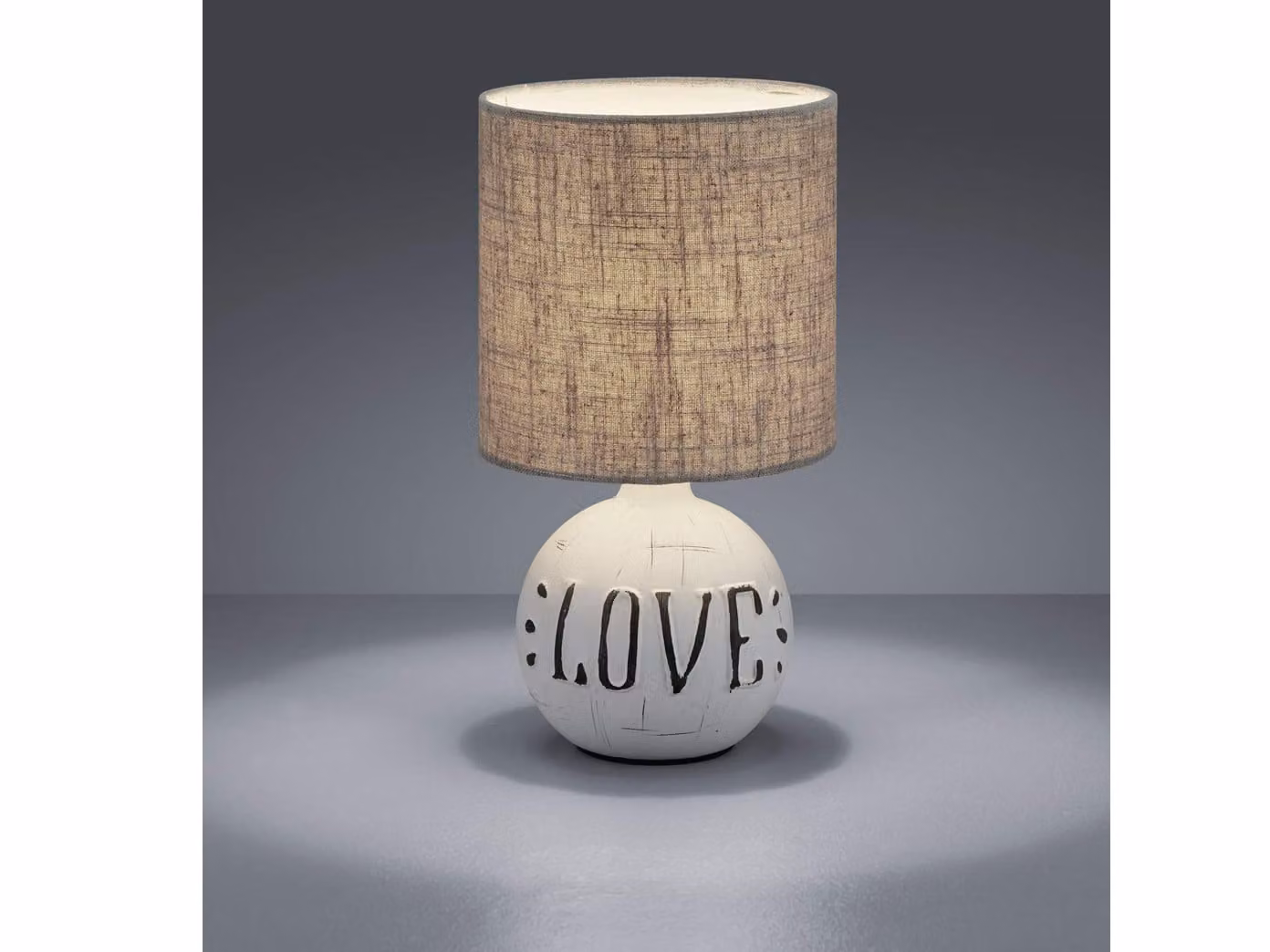 Lampada da tavolo a LED Base in Vetroceramica con scritta LOVE Paralume in tessuto marrone