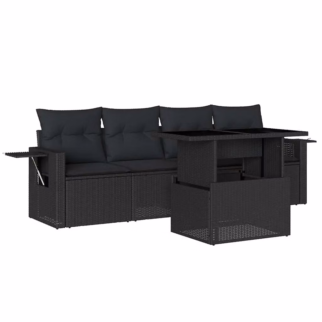 vidaXL Set Divani da Giardino 5 Pezzi in Polyrattan Nero con Cuscini e Tavolino – 2