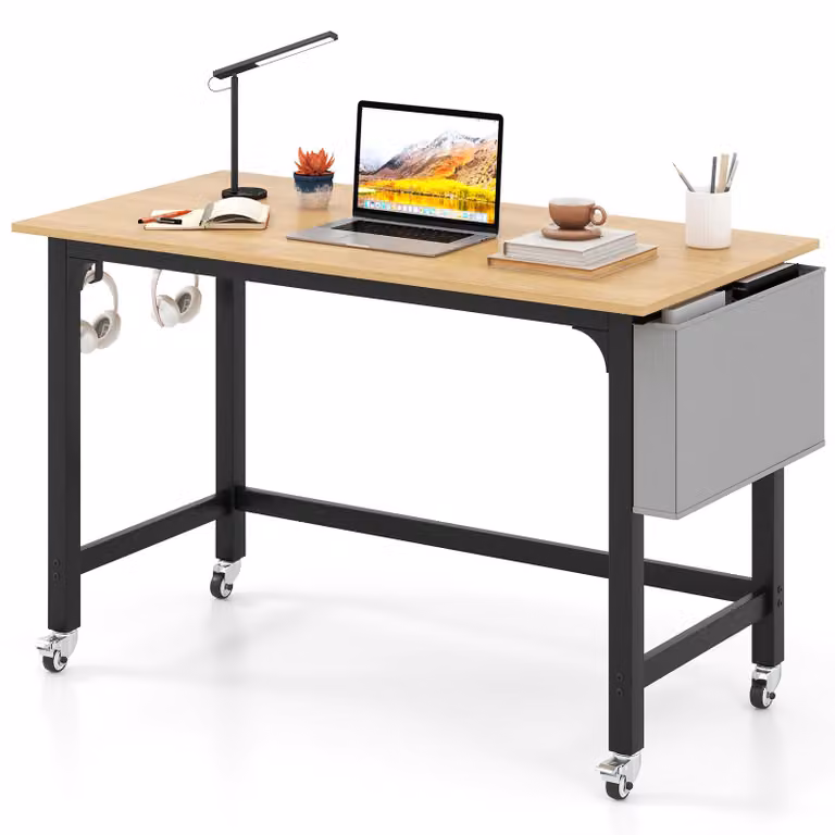 COSTWAY Scrivania, scrivania per computer con 4 ruote, borsa in tessuto e gancio per cuffie, tavolo da lavoro, tavolo da ufficio su ruote, tavolo per PC, 120x60x75cm, natura