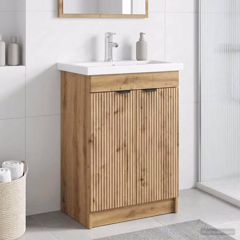 Mobiletto da bagno sotto il lavello vidaXL in legno Rovere con ante a battente e ripiani interni, L: 78,5 cm, P: 37,5 cm, H: 81 cm