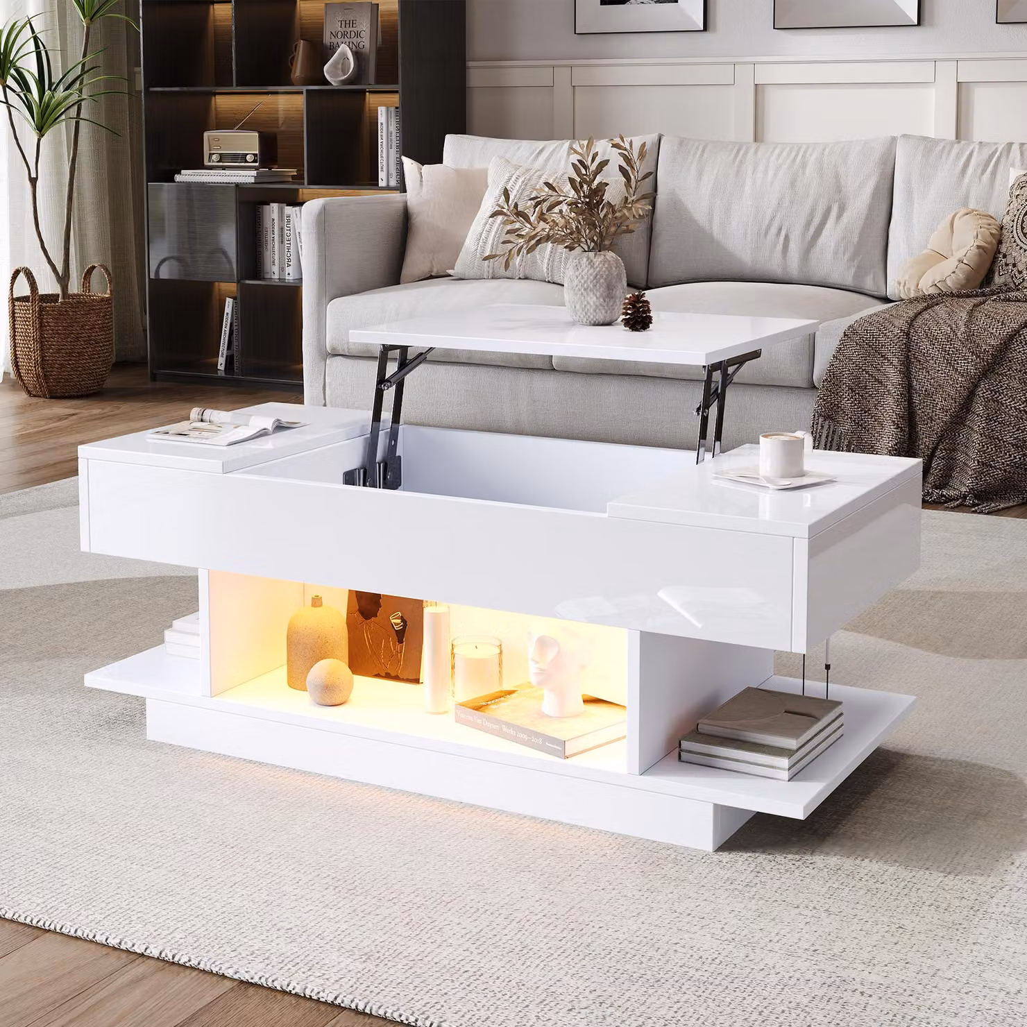 Merax Tavolino sollevabile con illuminazione a LED, tavolino da divano con armadietti pieghevoli, vano portaoggetti semiaperto, tavolino da salotto regolabile in altezza, bianco lucido