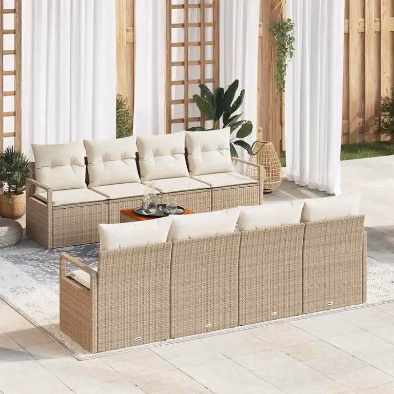 Set Divano da Giardino vidaXL 9 Pezzi Beige con Cuscini e Tavolino in Polyrattan e Acciaio
