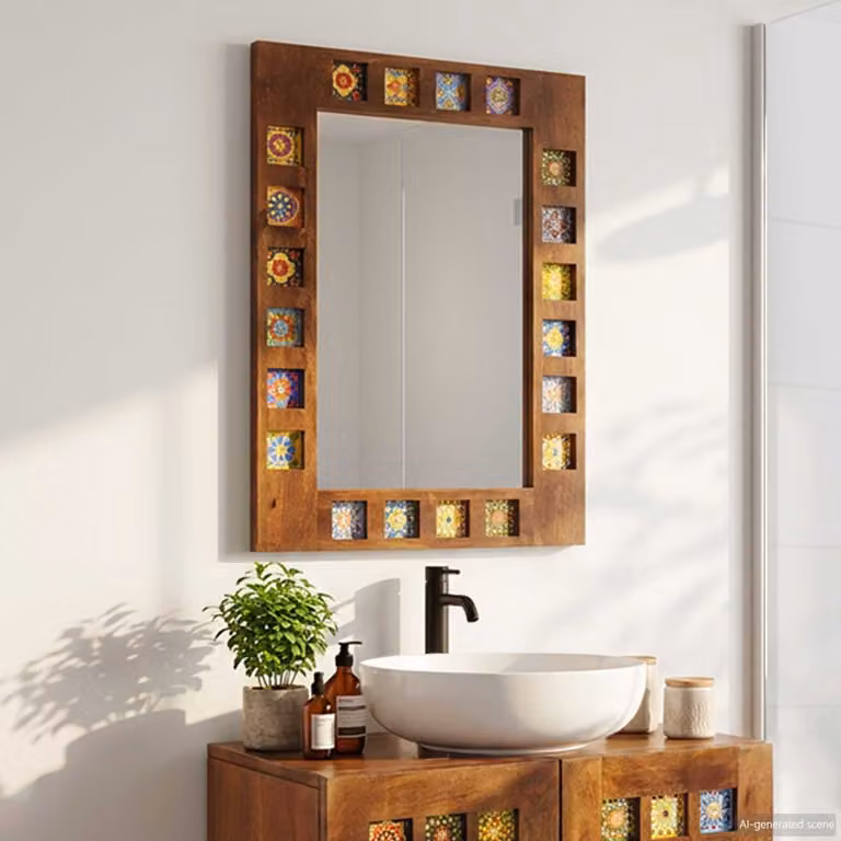 Specchio da bagno moderno vidaXL in legno di mango massello, L: 50 cm, H: 70 cm, P: 2,5 cm, disponibile in marrone o bianco