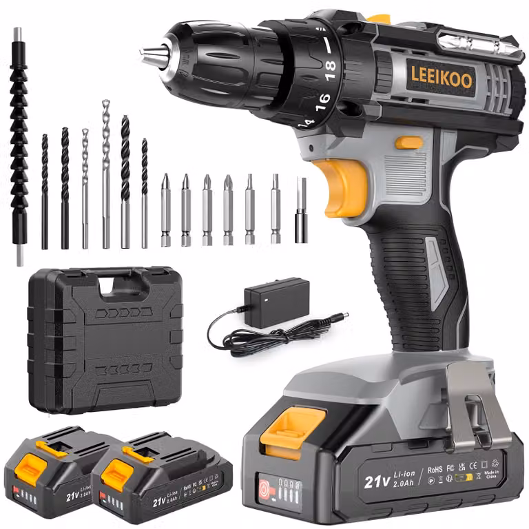 Trapano avvitatore a batteria - 21 V, con 2 batterie - Coppia di 42 Nm - Mandrino autoserrante da 10 mm