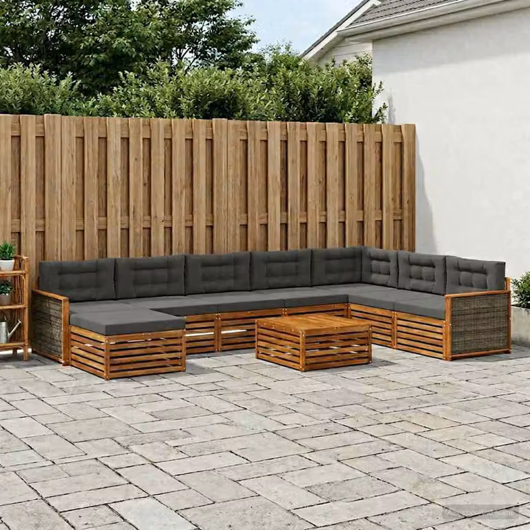 Set di divani da esterno vidaXL 9 pz in legno di acacia con tavolino e pouf, colore marrone e antracite
