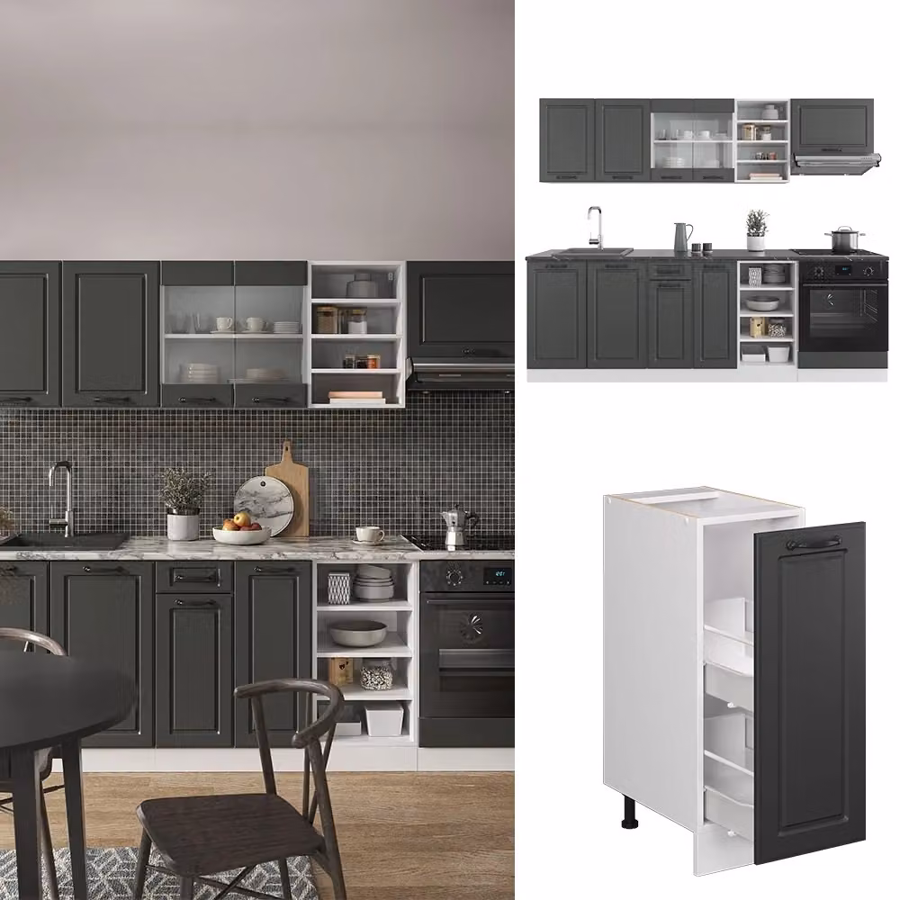 Cucina componibile R-Line Vicco in stile rustico, colore Antracite e Bianco, L: 240 cm, P: 60 cm, H: 206,8 cm – 2