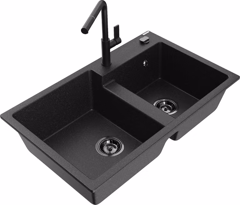 Mexen Tomas lavello in granito a 2 vasche con miscelatore da cucina Flora, nero/argento metallizzato - 6516-73-670401-70-B