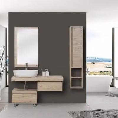 Pensile da bagno moderno in nobilitato melaminico colore Rovere di Bordeaux con ante soft-close e ripiani interni, L: 150 cm, H: 24 cm, P: 24 cm – 2