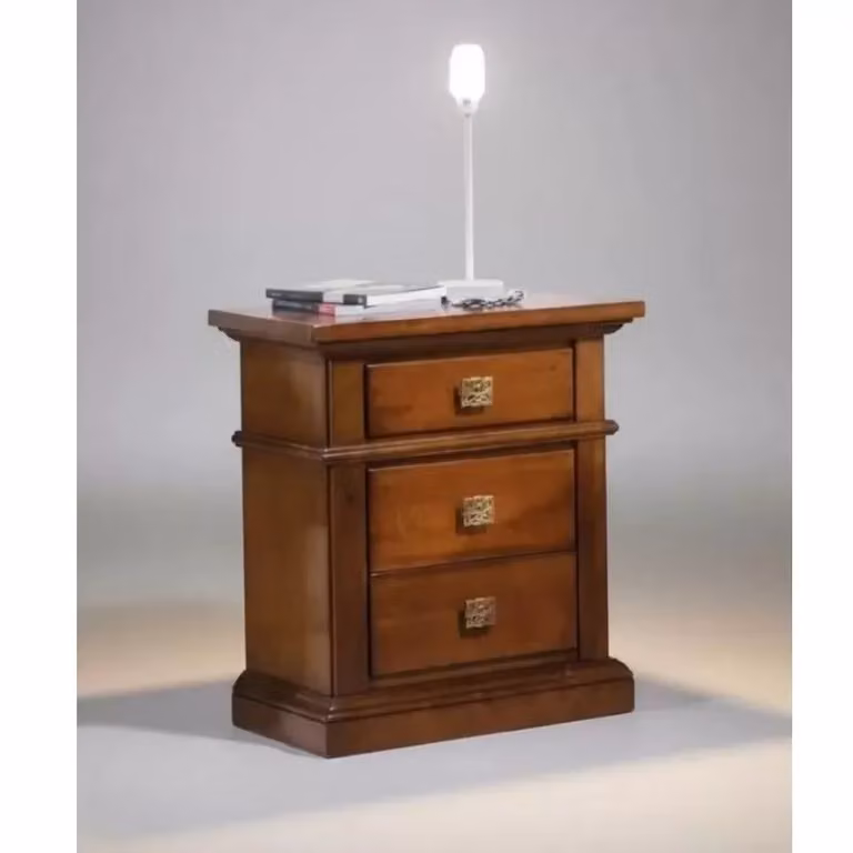 Comodino classico in legno con 3 cassetti Mobili 2G colore noce L: 55 cm, P: 37 cm, H: 67 cm