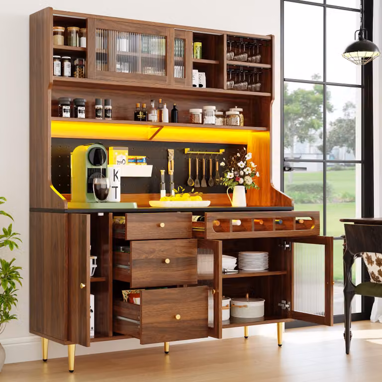 okwish Mobile alto da cucina / credenza con illuminazione a LED, mobile portabottiglie con modulo estraibile, mobile da soggiorno, noce