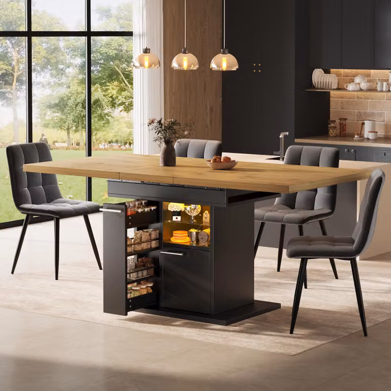 Tavolo da pranzo estendibile con spazio contenitivo, sistema di illuminazione a colori, tavolo da cucina con ripiani in vetro, estendibile per 4-6 persone, tavolo da pranzo 110-140 cm, nero