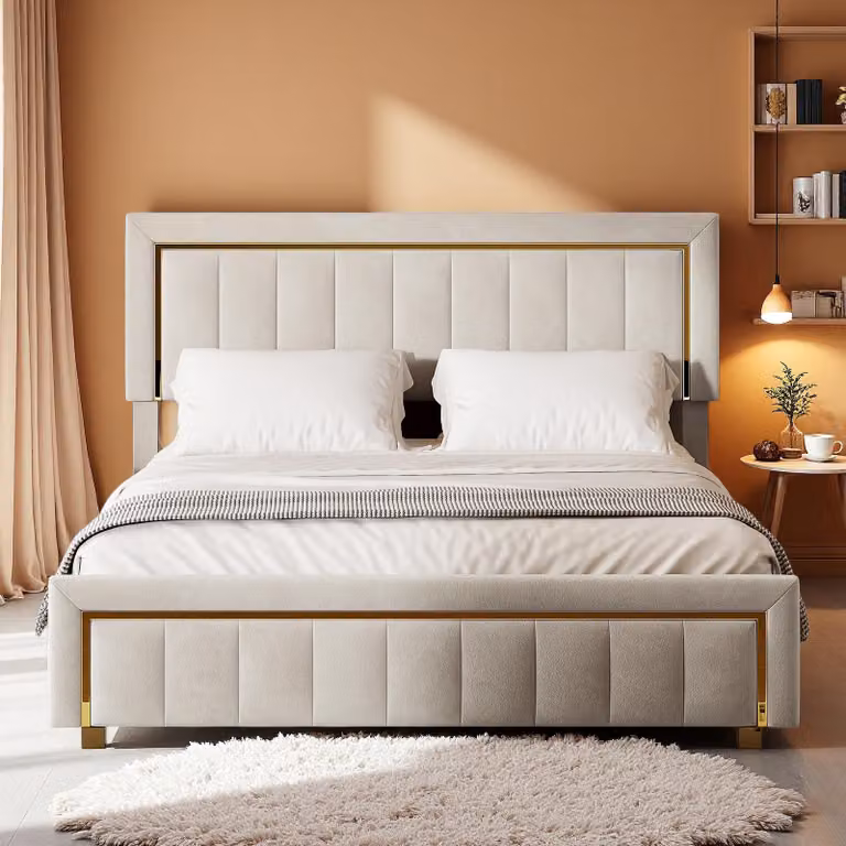 Letto imbottito INONEF 140x200 con spazio contenitore, letto a molle con cassone a sollevamento idraulico e poggiatesta regolabile, letto per ragazzi, in velluto, senza materasso, color beige