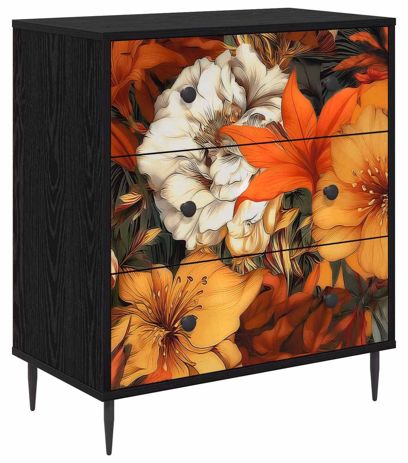Comodino GENNEP, motivo a fiori di giglio, 66 x 36,5 x 76 cm, materiale composito di legno