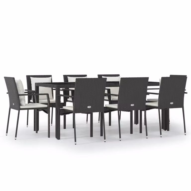 Set da Pranzo da Giardino 9 pz con Cuscini Nero in Polyrattan