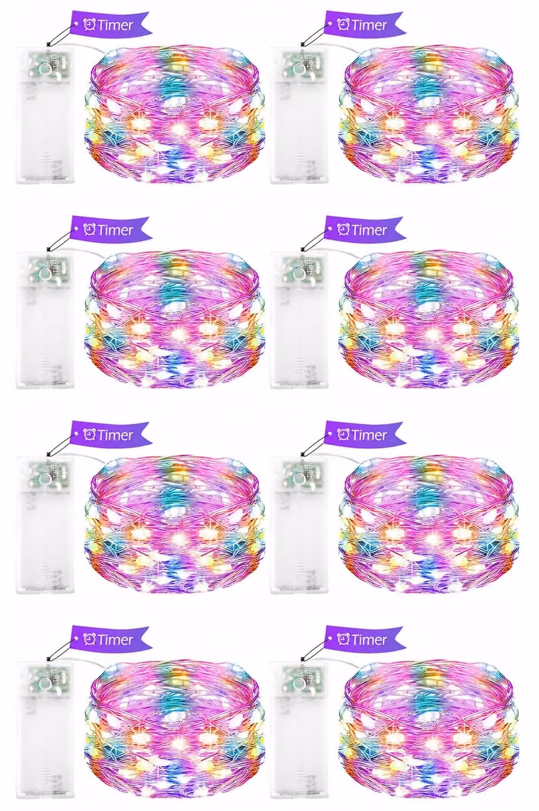 Catena luminosa a LED, 2 metri, 20 lampadine colorate, alimentazione a batteria, timer, set da 8