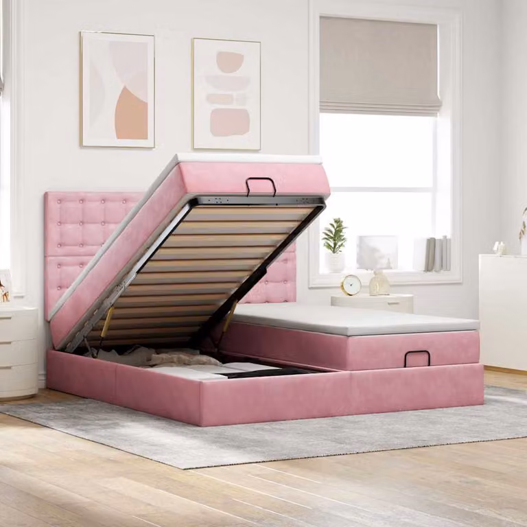 Letto con contenitore a sollevamento vidaXL in velluto rosa e bianco, L 200 x P 200 x H 128 cm