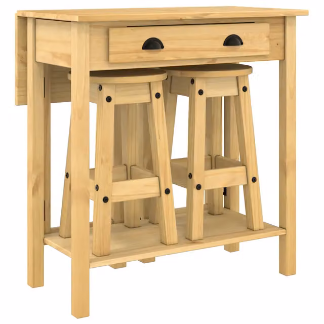 Set da pranzo composto da tavolo e 3 sedie in legno di pino color marrone e beige con design minimalista – 1