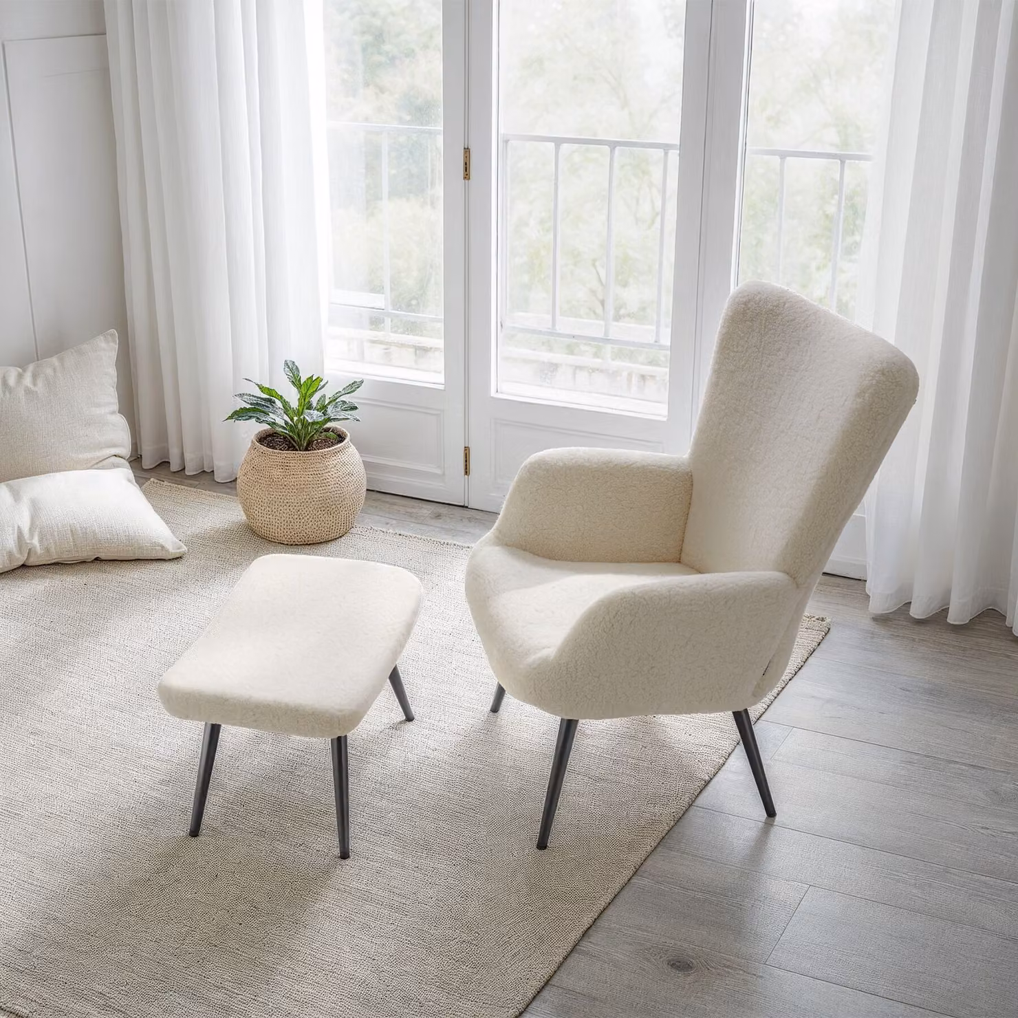 Poltrona lounge scandinava tectake con pouf integrato in tessuto bouclé, beige e nero, L: 100.5 cm, P: 72.0 cm, H: 76.0 cm – 2
