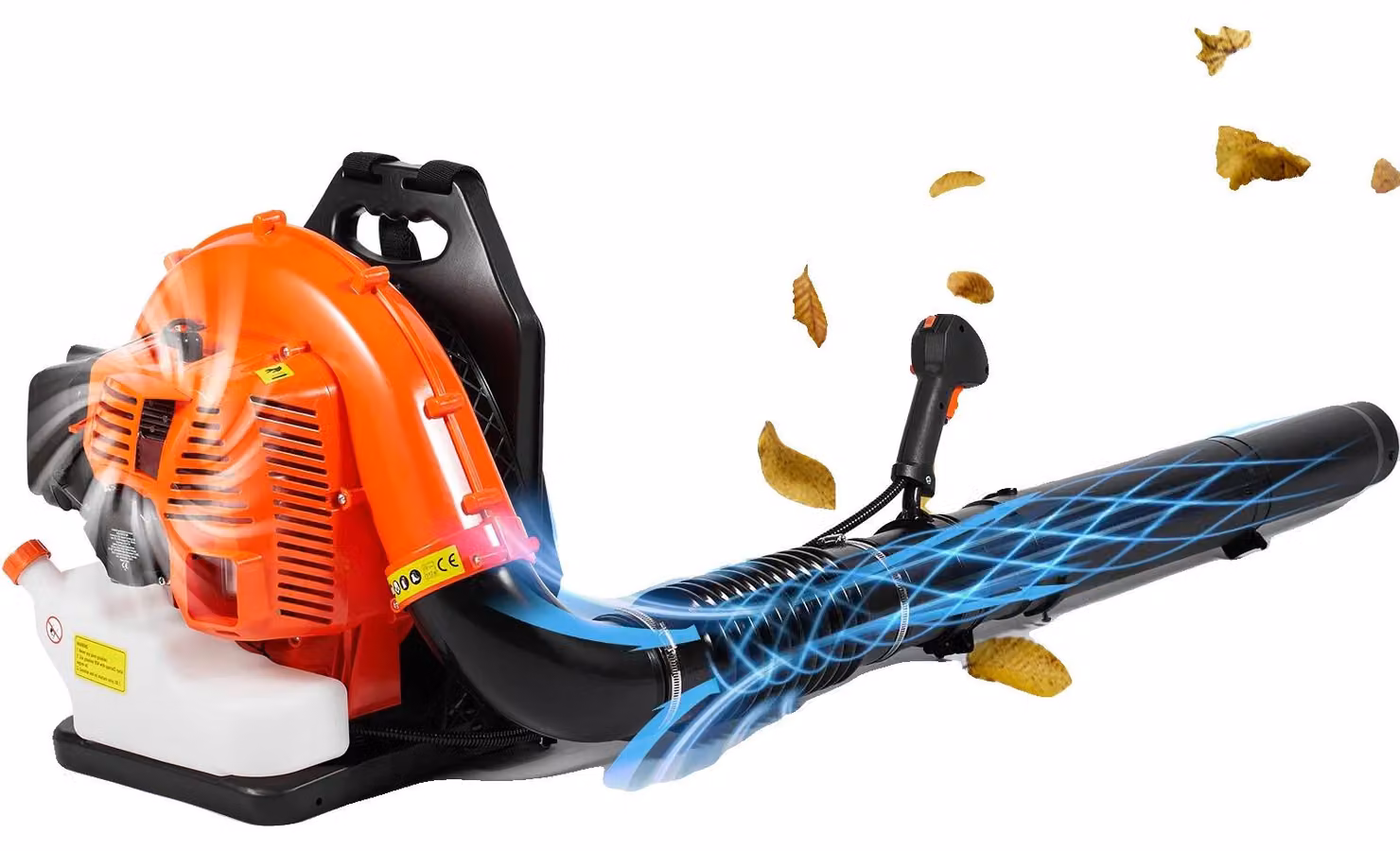 Soffiatore per foglie a zaino, motore 79CC, flusso d'aria 930 CFM, velocità 184 MPH, serbatoio carburante 3L,