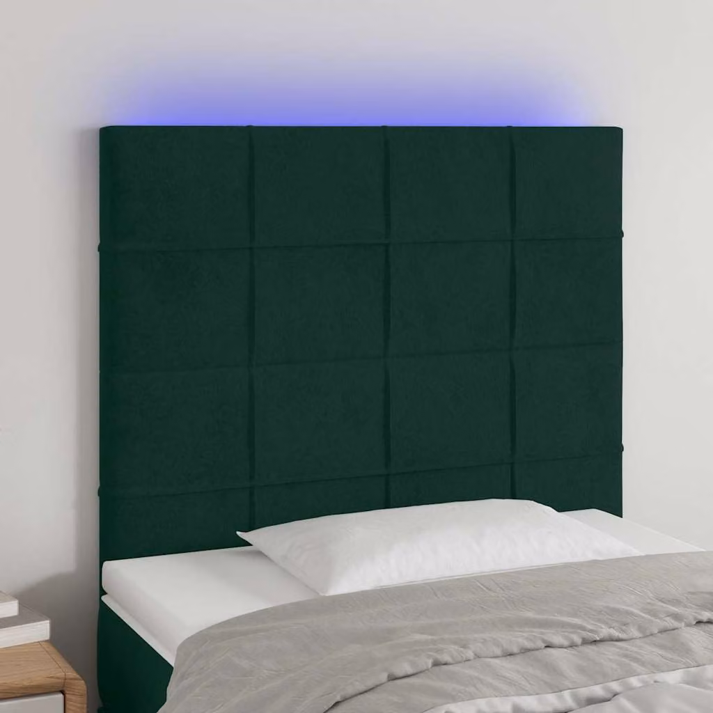Testiera per letto vidaXL in velluto verde scuro con illuminazione LED e porta di ricarica USB, L: 128 cm, H: 118 cm, P: 80 cm, Spessore: 5 cm