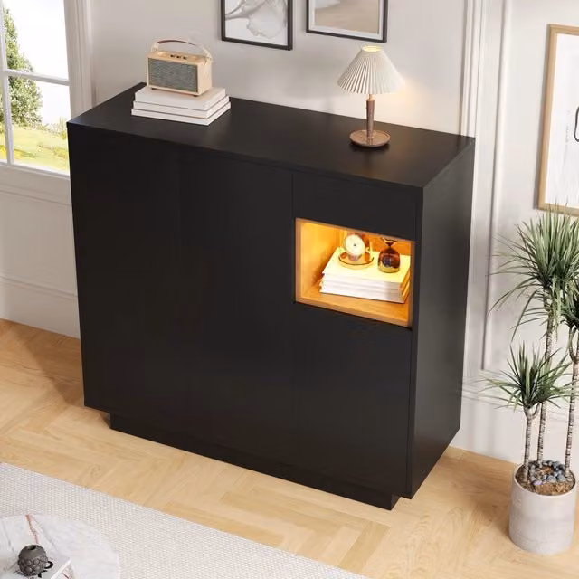 Mobile porta scarpe Zephmum con illuminazione integrata e ante soft-close, nero e marrone, L: 100,5 cm, H: 100,5 cm, P: 39,5 cm – 1