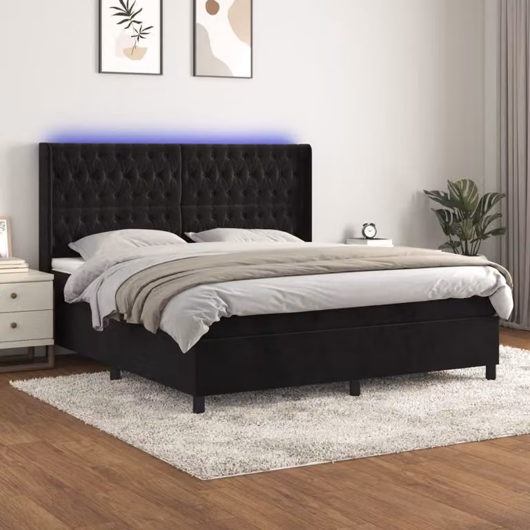 Letto Ibrido vidaXL con Materasso, Illuminazione LED Sotto il Letto e Porte USB, Velluto Nero, L/P: 180 x 200 cm